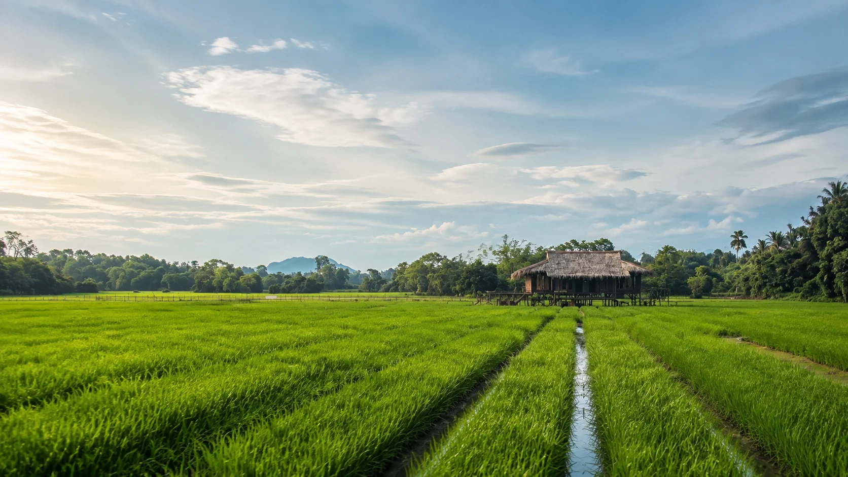 An illustrative paddy landscape and traditional timber house