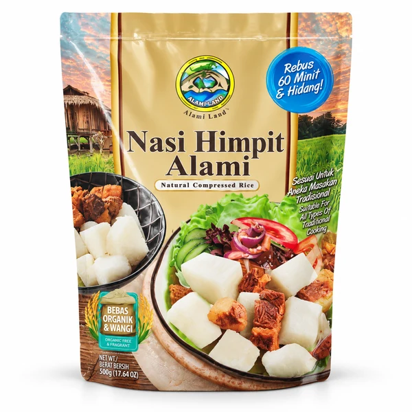 A pouch of Nasi Himpit Alami, natural compressed rice